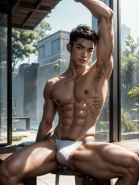 Masterpiece, Best Quality, 2 Asian Model Men, muscular, white skin, lifted arms, spread legs, sitting, sexy bikini, studio background, standing, hard lighting, Natural eyes, Short and delicate black hair, Sexy Man, looking at the viewer, shirtless, Small p...