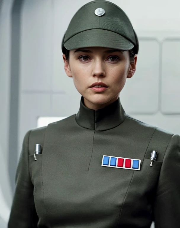 fashion photography of Daisy Ridley in olive gray imperialofficer uniform and hat, brown hair in bun, smooth pale white skin, snooty arrogant sneer, angry, yelling, sci-fi Death Star control room, sharp focus, dlsr, ultra sharp, professional Photographer, ...