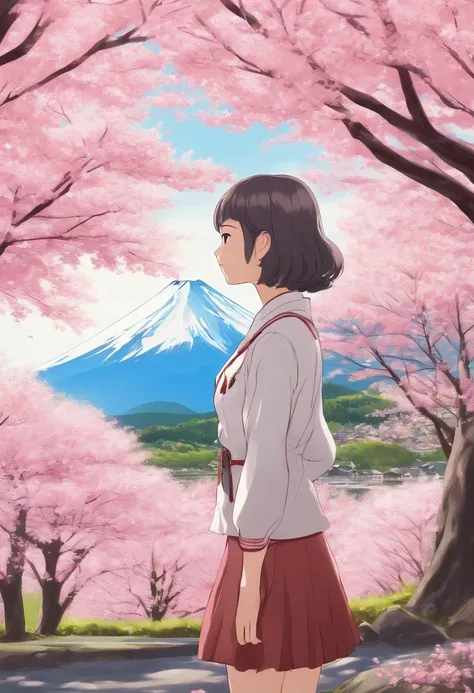 spring　Cherry tree　　Mt fuji　Spotless　Breeze　Anime-style Japanese school girl from the waist up facing forward