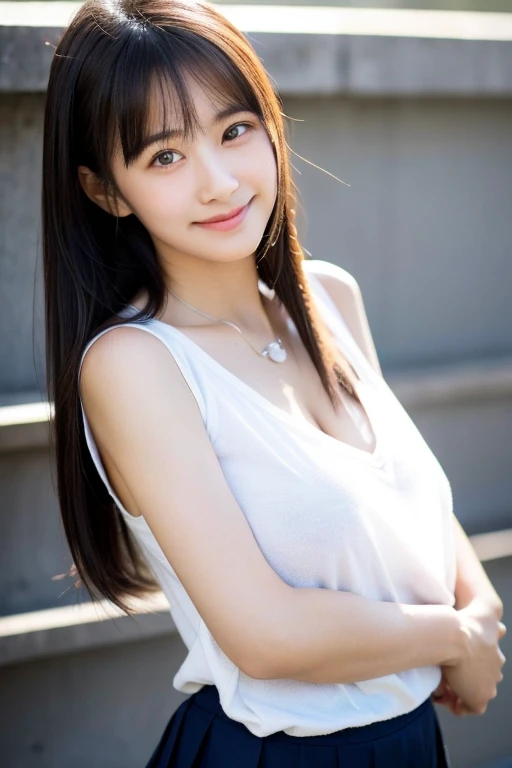 (highest quality, 8k, 32k, masterpiece, Ultra-high resolution:1.2),Photos of cute Japanese high school girls, Very small breasts, Very neatly arranged straight long black hair,Upper Body,Face Focus,, necklace, Simple Background, From above, View your viewe...