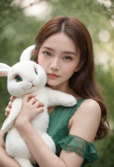 Green eyes, brown hair, Chinese cute girl, live in the moon, hugging a white bunny, sweet dimples, beautiful green dress