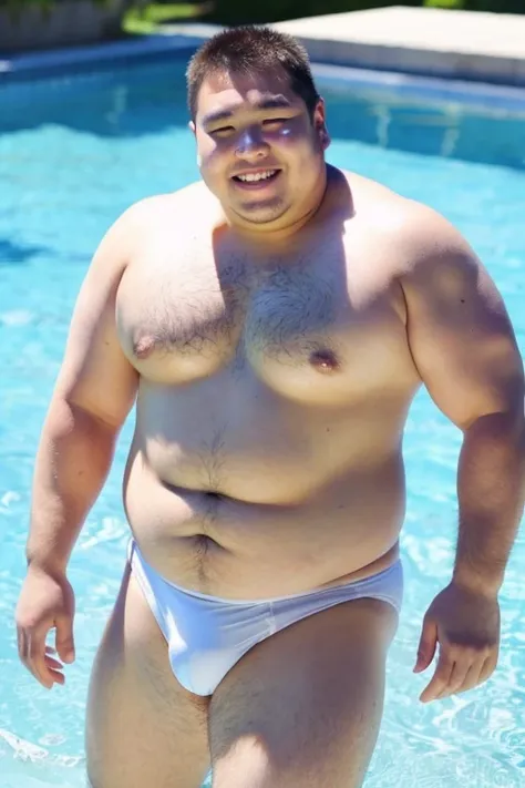 ((highest quality)), ((masterpiece)), (detailed), Perfect Face、Shaved head、Young Japanese、Muscular、Fat body、Big guy、smile、white small swimsuit、Emphasize the chest、Thick legs、Thick arms