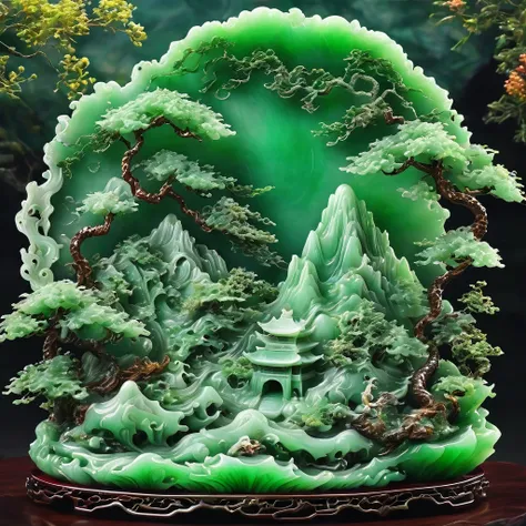 best quality, very good, 16k, ridiculous, extremely detailed, gorgeous mountain，monk，made of translucent jadeite, background gra...