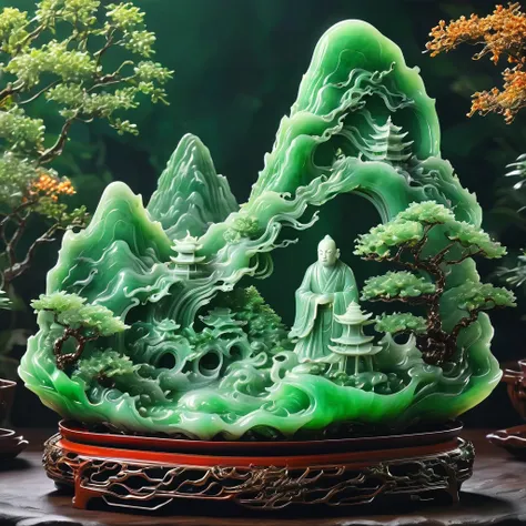 best quality, very good, 16k, ridiculous, extremely detailed, gorgeous mountain，monk，made of translucent jadeite, background gra...