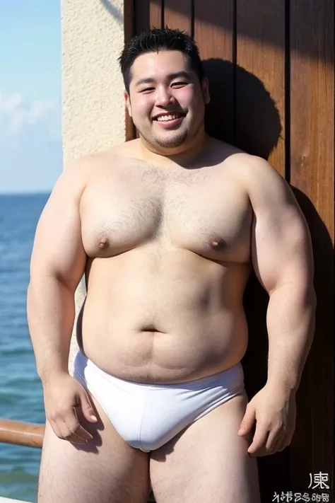 ((highest quality)), ((masterpiece)), (detailed), Perfect Face、Shaved head、Young Japanese、Muscular、Fat body、Big guy、smile、white small swimsuit、Emphasize the chest、Thick legs、Thick arms