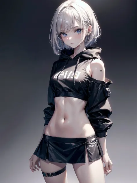 crop top, hoodie, mini skirt, absurdres, RAW photo, extremely delicate and beautiful, masterpiece, Best Quality, ultra high resolution, 32k, hyperrealistic, ultra-detailed, detailed description, pale skin, 20 years old, tearful mole, earring, short medium ...