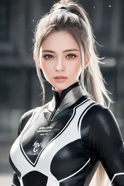 (RAW Photos:1.2), (Realistic:1.4),(masterpiece:1.3),(highest quality:1.4),超High resolution,(Fine grain),High resolution,8k, (Highly detailed illustration),One girl, (whole body), Super handsome combat soldier、 (( Neckband、Black and white grey cyber suit ))...