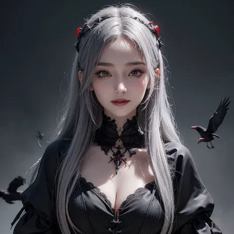 Dark fantasy,Windy weather, Real crows、 ((highest quality、masterpiece、8k、Best image quality、Ultra-high resolution、Award-winning works)、(Accurate anatomy:1.1)、(Look at me and smile:1.1)、Shining fair skin with Ultra-high resolution、The most detailed face、Ult...