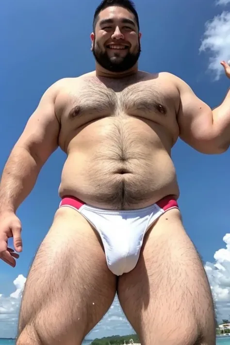 ((highest quality)), ((masterpiece)), (detailed), Perfect Face、Shaved head、Young Japanese、Muscular、Fat body、Big guy、smile、white small swimsuit、Raising his arms、Accentuate your thick legs、bulge,erection,