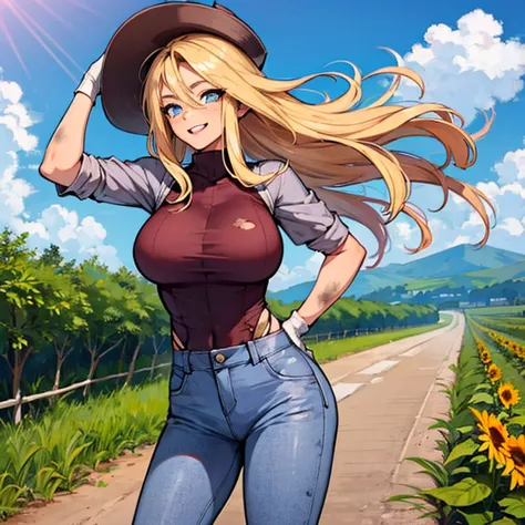 (8k, Masterpiece, Hyper Extreme Detailed:1.2), Solo, Best Quality, Solo, Adult, Cowboy Shot, Perfect Anatomy, 1 Girl, Perfect Face, Expressive Eyes, Perfect Eyes, Half Body, Dirty Blonde Hair, Swept Bangs , Cool, confident, friendly, big bust, fun, determi...