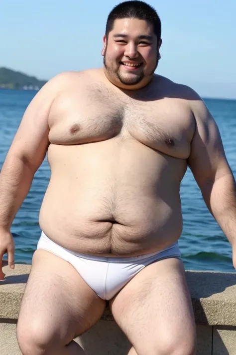 ((highest quality)), ((masterpiece)), (detailed), Perfect Face、Shaved head、Young Japanese、Muscular、Fat body、Big guy、smile、white small swimsuit、Emphasize the chest、Thick legs、Thick arms