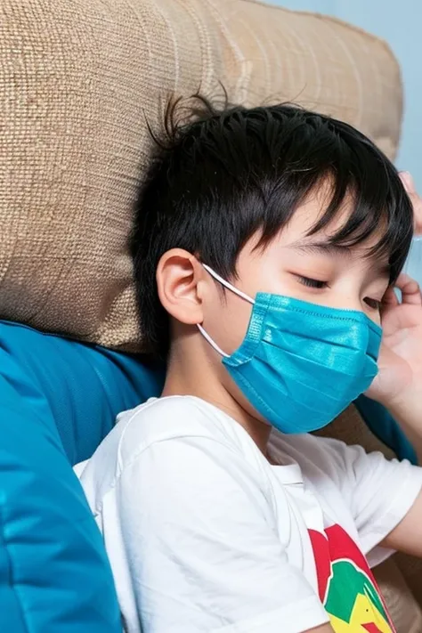 A boy with an infectious disease is wearing a mask and has a high fever. He is sleeping.