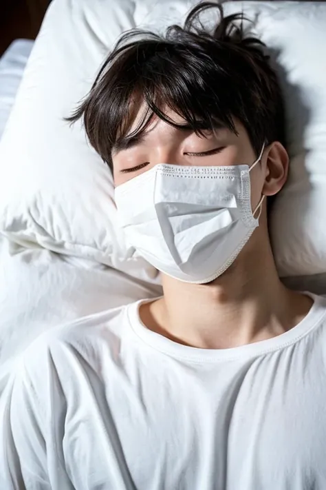 A handsome boy with an infectious disease who looks like he is suffering from a disease, wearing a white mask, having a high fever, sleeping, coughing