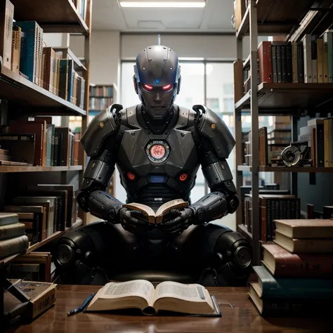 Create an image of a cyberpunk robot sitting in a library, with lots of books around him, happily studying the information. hyper-realistic image