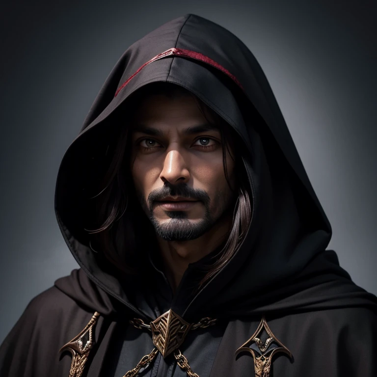 Male, 40 years old, warlock, crazed eyes, dark hair, brown skin, stubble, madness, hood on, cloaked