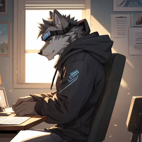 masterpiece, Solitary, Male gray wolf, blue eyes, gray medium hair, Muscular body, aldult, fiercely, Hoodies, Wear goggles, side view, Half Body, Playing games on the desk，Happy expression，Smile, sit on the chair, room background.Sunlight，soft，Aesthetic