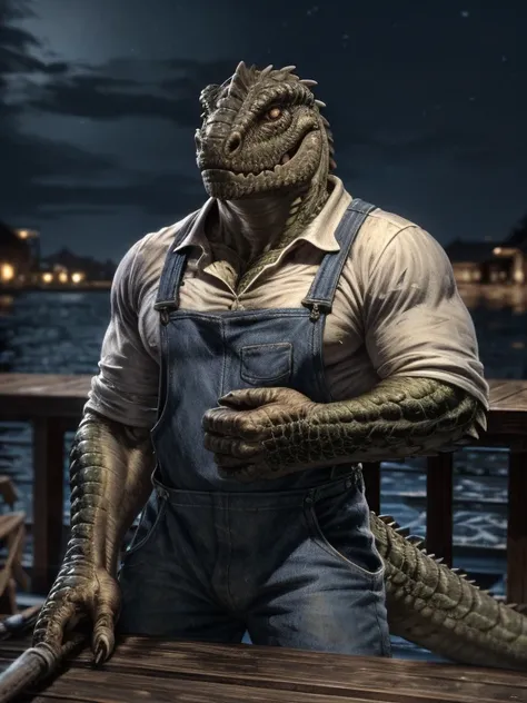 Dark Brown Lizardman，uncle，male，Mature man，Lizard Tail，Maintenance Worker，gambler，White shirt，Dark blue overalls，night，Wooden boat deck（Detailed background:1.2),High Detail, Film Photography, Original Video, actual, Analog style, best quality, ultra actual...