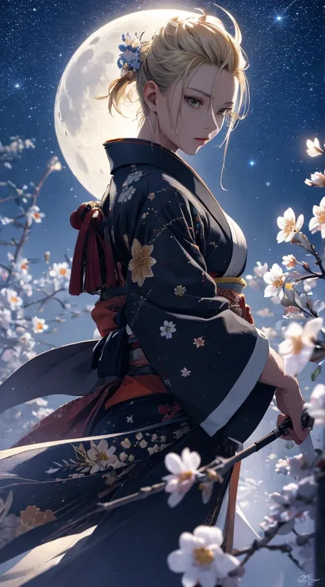 masterpiece, high quality, 4K, Beautiful design, silhouette，Blonde Mohawk， 非常に詳細な夜のStarry Sky,Flower Field， wonderful, Finer details,  Very knowledgeable woman, Highly detailed solo, 1 female,Beautiful Eyes，With tears flowing from one eye，I like rumors，Big...