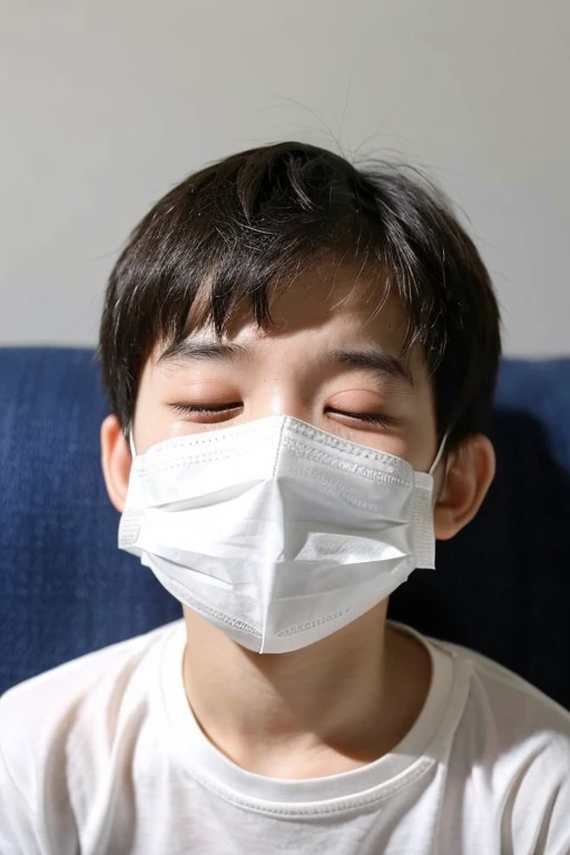 A handsome boy with an infectious disease who looks like he is suffering from a disease, wearing a white mask, having a high fever, sleeping, coughing