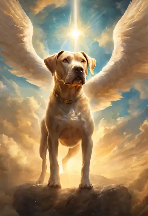 best quality,highres,(ultrarealistic,photorealistic:1.37),(pitbull dog:1.1),(ascending:1.1,soaring:1.1) to heaven,fluffy clouds,bright golden light,divine atmosphere,detailed fur and muscle definition,clear blue sky,sun rays piercing through the clouds,hea...