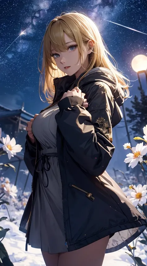 masterpiece, high quality, 4K, Beautiful design, silhouette，blonde， 非常に詳細な夜のStarry Sky,Flower Field， wonderful, Finer details,  Very knowledgeable woman, Highly detailed solo, 1 female,Beautiful Eyes，Tears in the eyes，I like rumors，Big Breasts，Hooded parka...