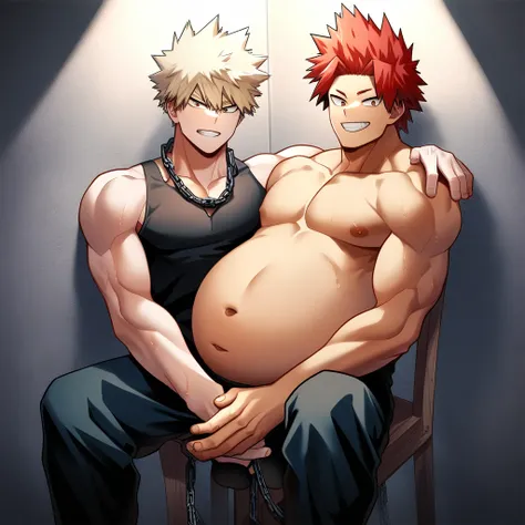 2boys, full body, male focus, muscular male, best quality, amazing quality, best aesthetic, absurdres, in a sitting on a chair, gay couple, official style, year 2023, game cg, looking at viewer, happy, looking at viewer, together on picture, yaoi, gay coup...