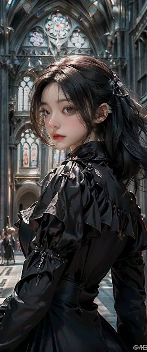 obra de arte, mais alta qualidade, high resolution, fotorrealista, high resolution, foto crua, ((Largest Gothic building in Italy, Milan Cathedral))、((1 garota, Young woman in gothic dress, rosto e olhos detalhados, rosto bonito, rabo de cavalo, pele brilh...