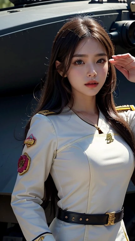 8k, highest quality, ultra detailed:1.37), Eliana, ((20 years)), a beautiful Korean girl, ((proudly stands in a Yellow Colour Luxury military uniform)), representing her role as a soldier. She wears a fitted tight Yellow dress. The high-resolution image ca...