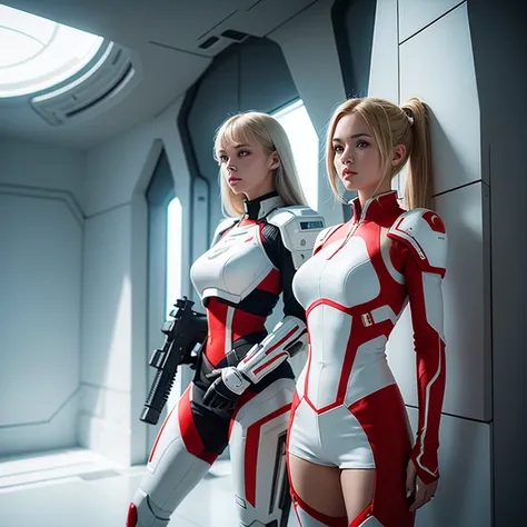 a young beautiful woman in white and red high-tech armor with an electric rifle on her shoulder stands half-turned.shorts dark blonde hair. In front of her is a futuristic spaceship. Full frame in Unreal Engine 5 style. light and shadow