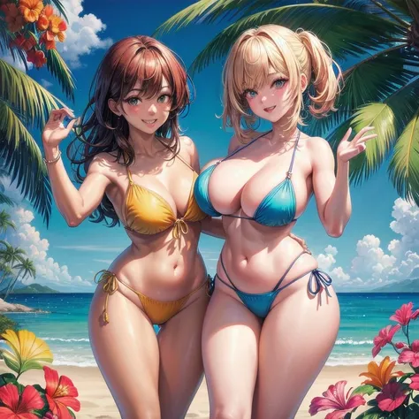 (best quality, highres:1.2), 2girls, slender figures, voluptuous curves, sex symbol embodied, sultry pose, captivating aura, micro bikinis accentuating their figures, best friends in harmony, ahegao double peace expression of shared joy, cute smiles, posin...