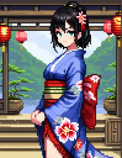 (Pixel art:1.2), 1girl,black hair,big bosom,kimono