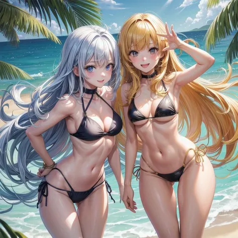 (best quality, highres:1.2), 2girls, slender bodies, ample curves, Sex symbols, provocative poses, Cute smiles, Micro Bikinis, Best friends, Ahegao Double Peace poses

One girl has long, wavy, golden tresses cascading down her back, her eyes sparkling with...