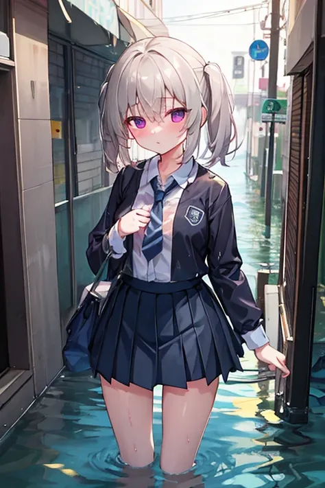 heavy rain,flooded road,wet uniform,wet skirt,masterpiece