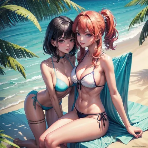 (best quality, highres:1.2), 2 beautiful girls, slender bodies, curvaceous figures, sex symbols, exotic poses, flirtatious grins, micro bikinis, best friends, Ahegao Double Peace expression, sun-kissed tans, beach setting, clear blue water, palms, sand, tr...