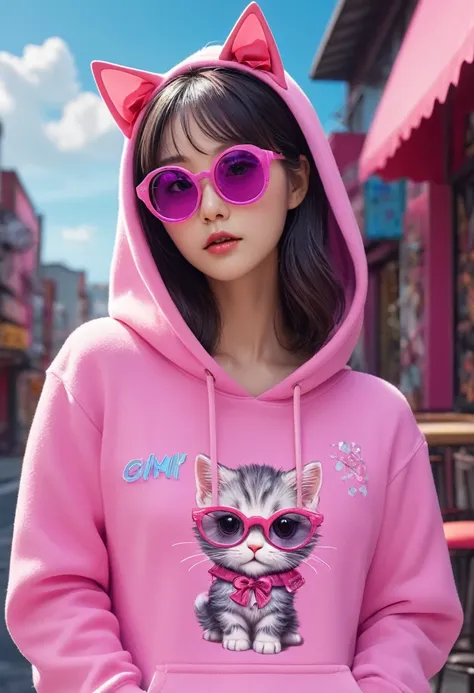 In a strange and cute cafe, Fluffy kitten, crafted from Very detailed curling, Thin glowing colored smoke, Wear a Rose Hoodie，戴上Fashion、interesting、Giant sparkly sunglasses. Against a backdrop of Full of energy neon Format spelling VIKUSIA, Fenoho Today, C...