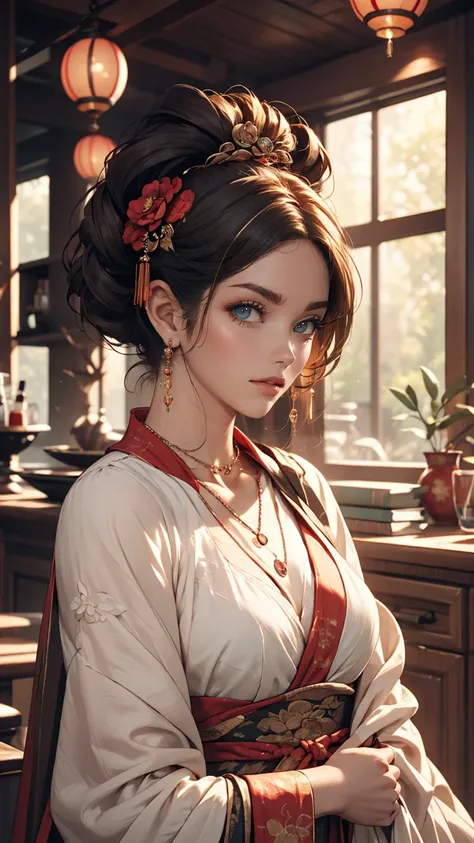 最high quality, masterpiece, High resolution, One girl,blush,(Captivating smile:0.8),Star-shaped pupils,Chinese Hanfu,hair ornaments,necklace, jewelry,Beautiful Face,On top of that_body, Tyndall effect,Realistic, Dark Studio, Rim Light, Two-tone lighting,(S...