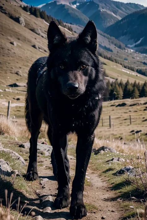 create for me an Ultra realistic image of a black wolf on a mountain walking