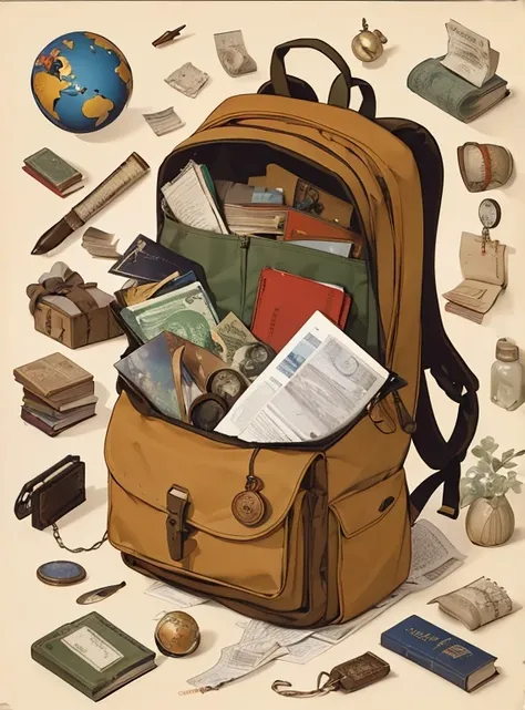  "The Migrants Backpack"Illustration:Central Image:A large, open backpack with various items spilling out, each item representing a different factor influencing migration.Political Items:Documents labeled "Asylum Application," a small globe with conflict z...