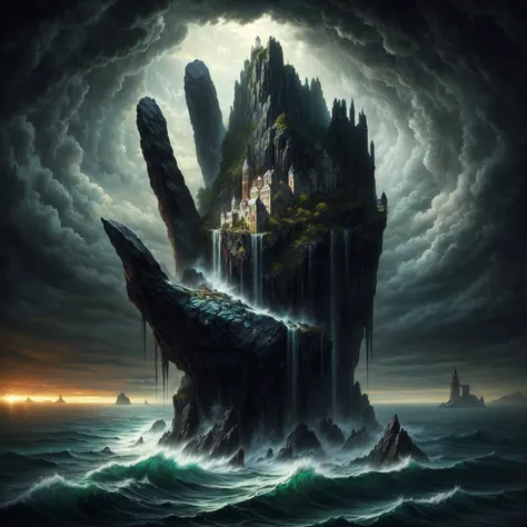 painting of a black rock in the ocean carrying a small monastery, surreale dunkle Kunst, Fantasie Surrealismus, surreale und Fantasy-Kunst, dunkle surreale Kunst, Peter Gric und Mumford, surreale Konzeptkunst, Kerem-Couplet, surreale dunkle Fantasie, Fanta...