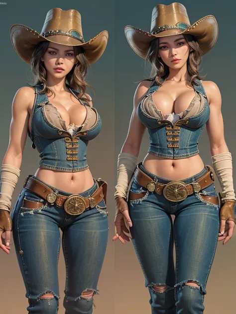 ((highest quality)),(Ultra-high resolution),(Very detailed),(Detailed Description),((The best CG)),(A masterpiece),Ultra-precise art,amazing drawing art,(Art with precise detail:1.5), (Female gunslinger:1.5),(Beautiful and well-proportioned face:1.6),(Tone...