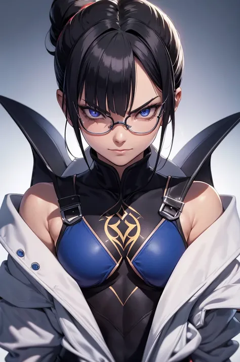 oculos no rosto,chun li,olhar penetrante,evil look,oculos no rosto,melhor qualidade,roupa azul,chun li,solo, masterpiece, best quality, agrias, grey sweater, black leotard, standing, looking at viewer, short hair,oculos,evil smile, evil look,luvas preta,ro...