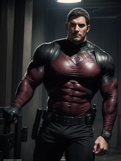 One Tall giant muscular police officer,  On the old-style outdoor streets, Wear a long-sleeved burgundy superhero Black Panther bodysuit, Elastic spandex material，The expression is arrogant, Lift your chin, Messy hair, Thick thighs, High collar, long sleev...