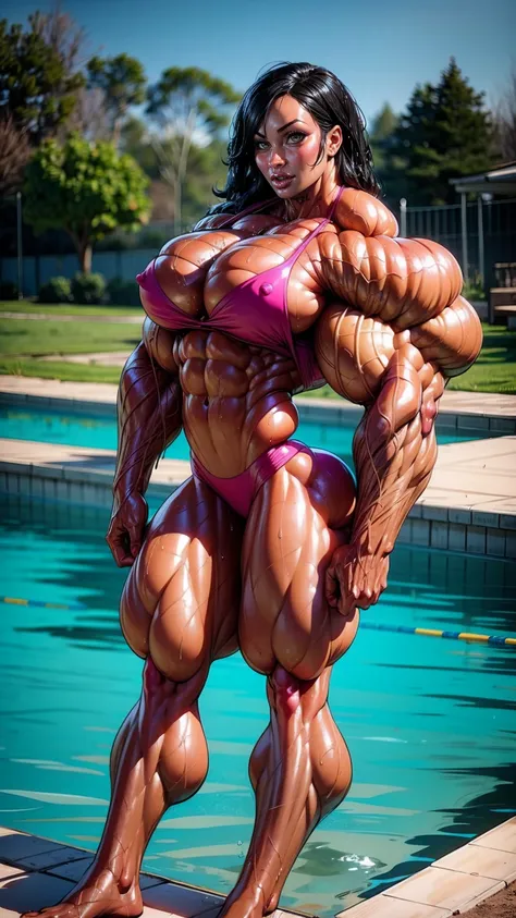 (naked girl walking by the pool), (naked:1.45)、((Muscular bodybuilder girl:1.48))、(huge muscular arms:1.45)、(huge muscular vascular breasts:1.3)、most beautiful Asian girl ever、(long black hair:1.25)、full body asian, long legs, soaked in water, (Raw photo:1...