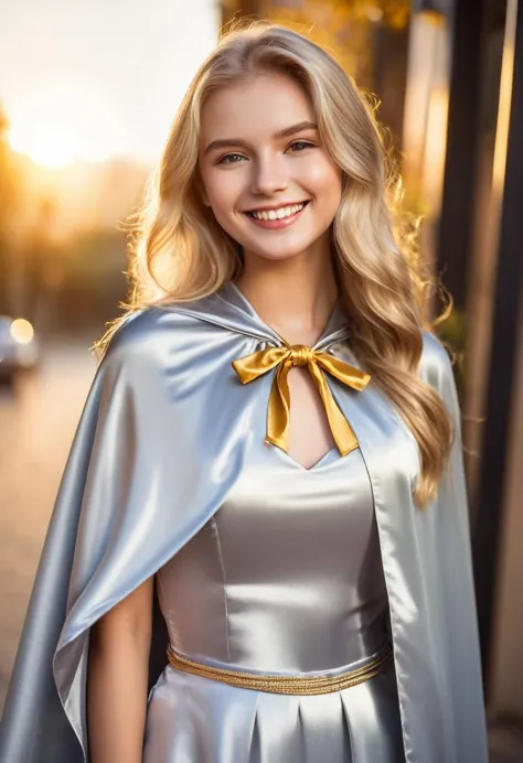 (raw photo) , 1girl, cute, 20 years old, long blonde hair , smiling, look at viewer, ((((silver and gold lined satin cape tied a...