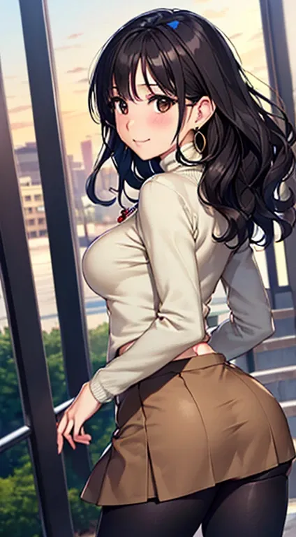 (table top, highest quality, High resolution, , perfect pixel, 4k,), 1 girl, single, alone, Beautiful woman、I could see the whole body、 ((wavy middle hair, bangs, black hair)), ((brown eyes, beautiful eyelashes, realistic eyes)), ((detailed face, blush:1.2...