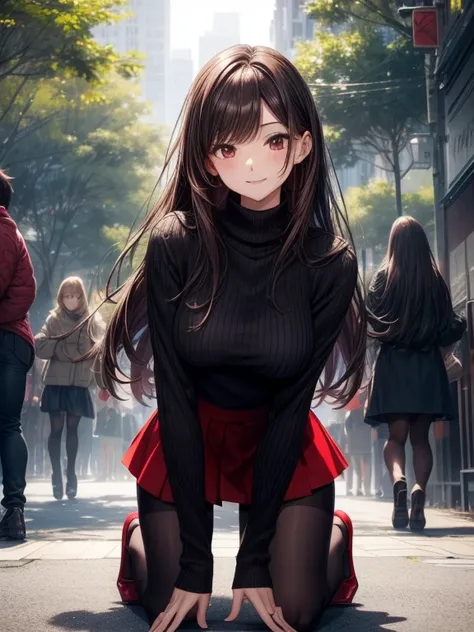 top-quality、Full limbs、complete fingers、Slender beauty、Women with straight hair、Brown-haired woman、Women with medium hair、(Beautiful busty woman:1.3)、(black knit tops)、(Red mini flared skirt)、Black pantyhose、Naughty Poses、a park、A big smile、Kneeling