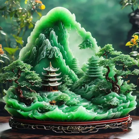 best quality, very good, 16k, ridiculous, extremely detailed, gorgeous mountain，monk，made of translucent jadeite, background gra...