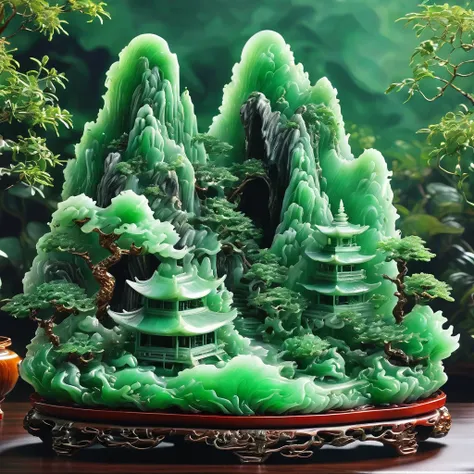 best quality, very good, 16k, ridiculous, extremely detailed, gorgeous mountain，monk，made of translucent jadeite, background gra...