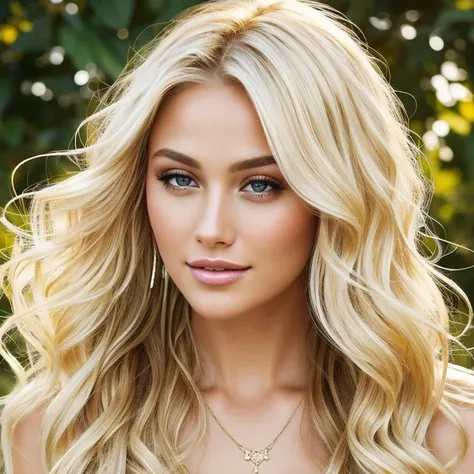 Blonde hair cascades down in soft waves, gleaming under the natural sunlight, expressing a radiant allure that captivates the senses. The high-definition strands reflect the light with a luminous sheen, revealing intricate gold highlights that dance along ...