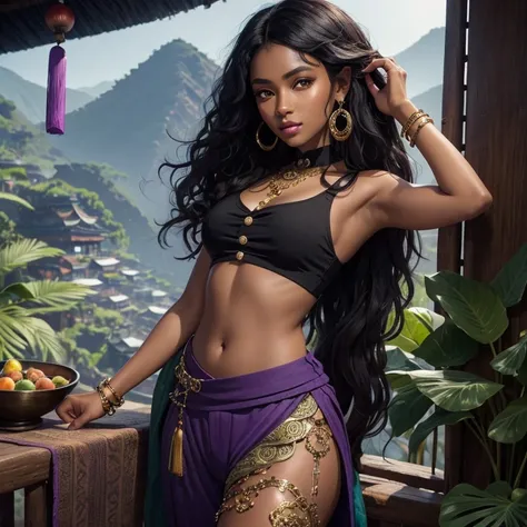 A Black gypsy girl with dark brown skin, one green Asian monolid eye and one blue Asian monolid eyes, a kind round face, full lips, long curly black hair, a small button nose, wearing a dark purple crop top, purple harem pants, gold jewellery in a tropical...